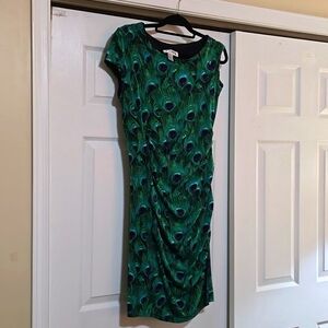 Joseph Ribkoff Dress Size 10 Green Peacock Pattern Sheath Rouched Stretch